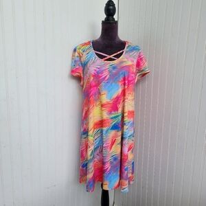 Reel Legends Keep It Cool Dress Colorful Leaves Bright Pink SPF 50 Stretch Sz L